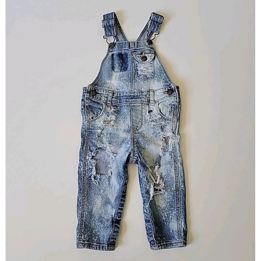 OshKosh B'Gosh Vestpak Distressed Stone Wash Denim‎ Overalls 12M Snap Leg Casual
